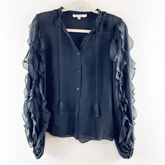 Haute Hippie Ruffled Long Sleeve Button Up Blouse Top Black Small - Picture 1 of 6